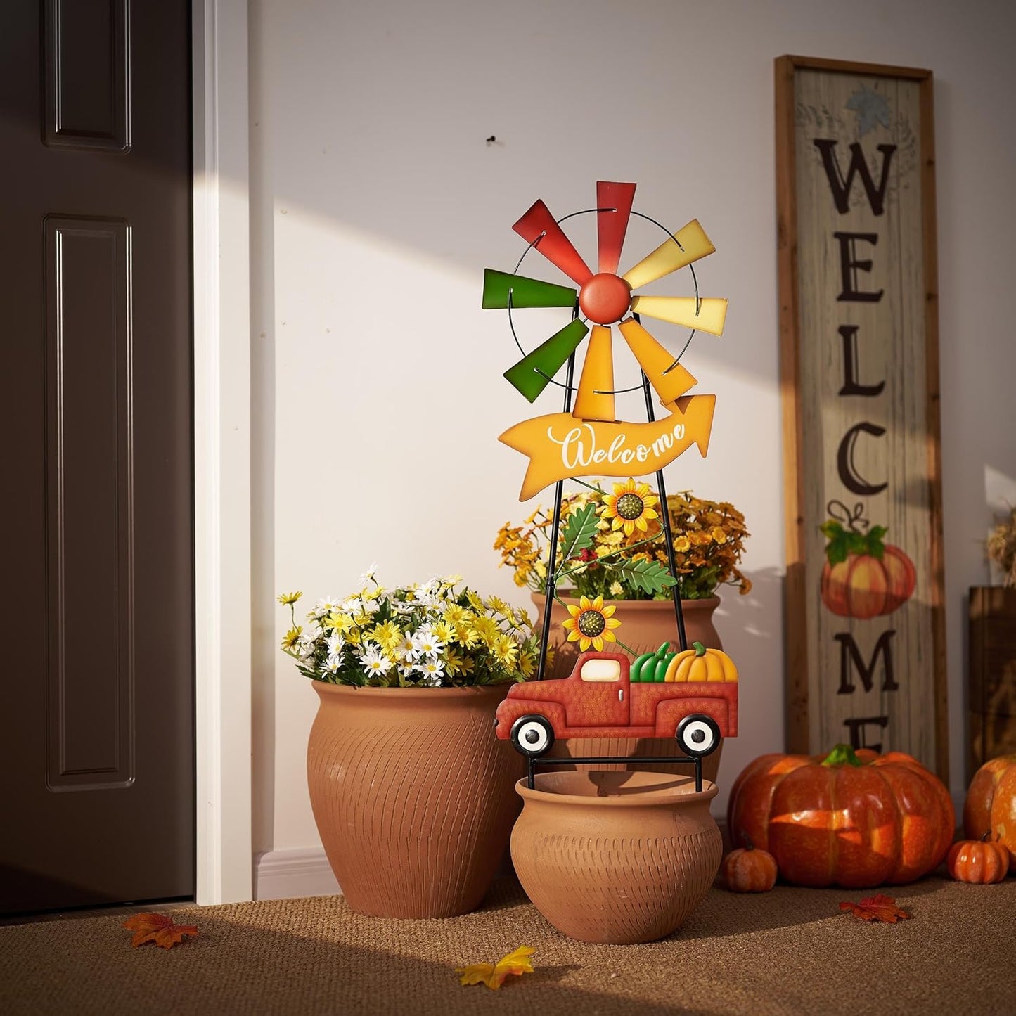 TERESA'S COLLECTIONS Fall Decor for Outdoor Home, Metal Pumpkin Fall Decorations Wind Spinner Yard Stakes Welcome Sign for Thanksgiving Decorations, Rustic Autumn Sunflower Decor for Lawn Patio, 35"