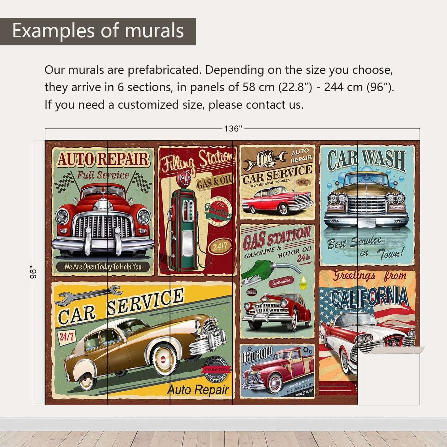 AFZEVEB-Car Poster Wallpaper Vintage Wall murals for Bedroom 136"x96" (Not Peel and Stick)