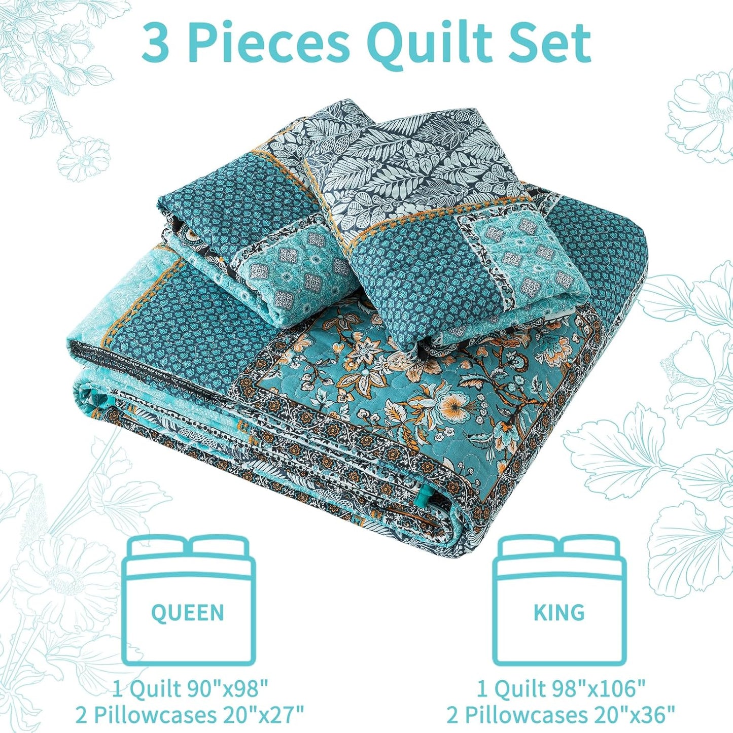VAPUTAR King Size Quilt Bedding Set - Soft Cotton King Size Bedspreads (98 * 106 in) - Lightweight Patchwork Floral Quilts for Farmhouse Bedroom (Teal/Green Chic, 3 Pieces)