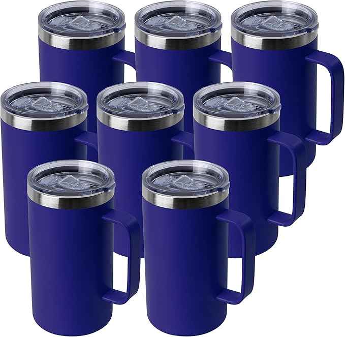 DOMICARE 24oz Mug with Handle and Lid, Stainless Steel Coffee Mug, Travel Mug with Handle, Double Wall Vacuum Coffee Tumbler, Reusable Insulated Cup, Dark Blue, Pack 8