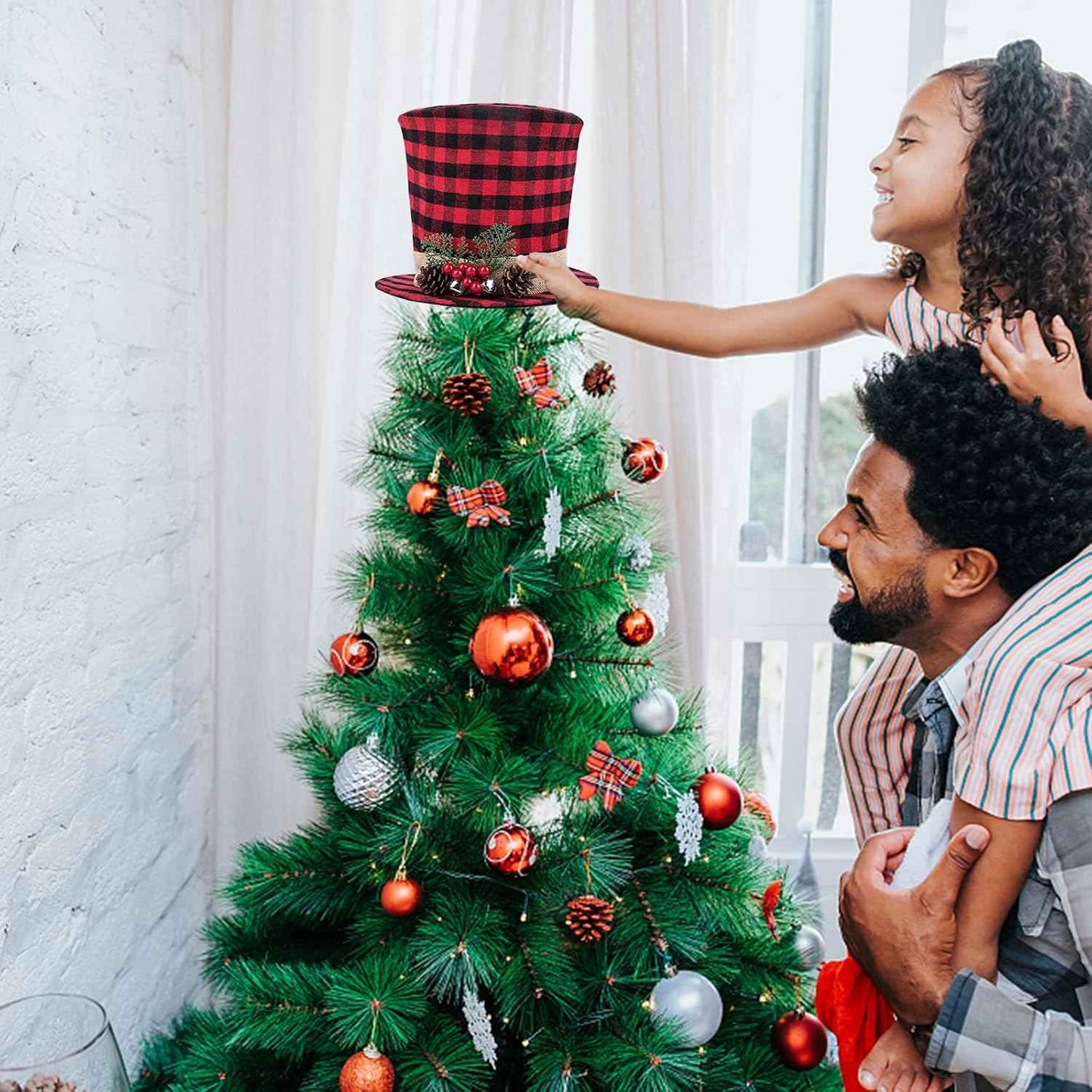 codree Christmas Tree Topper Top Hat - Red and Black Buffalo Plaid Top Hat with Pinecone Berry Bell-Christmas Tree Topper Fabric Top Hat for Winter Holiday Xmas Tree Decor