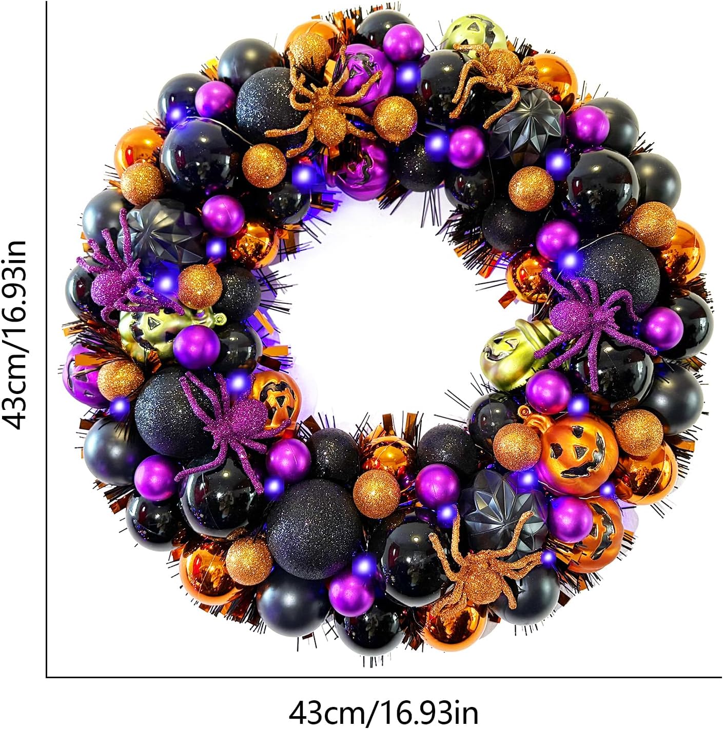 17 Inch Halloween Ball Wreath for Front Door with Lights, Lighted Cute Treat-or-Trick Door Wreath Ball Ornament for Halloween Indoor Decorations Centerpiece Party Holiday Wall Home Decor