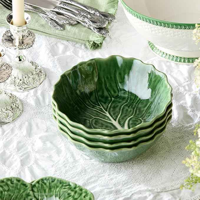 Le Jardin Cabbage 3D SOUP/CEREAL BOWLS, SET OF FOUR, 8.5" x 2.75" – Sculpted Green Stoneware Leaf Bowls– Seasonal Garden-Inspired Serveware for Soups, Salads, Pasta & Everyday Entertaining