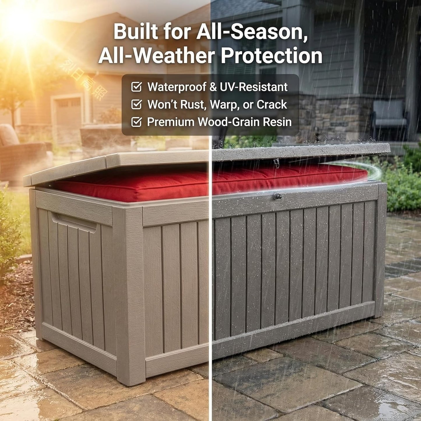 Large 231 Gallon Resin Deck Box, Heavy Duty Lockable Patio Storage Box Outdoor, Waterproof Tool Box for Garden Furniture Cushions & Pool Supplies, Wood Grain Outdoor Storage Bench for Backyard