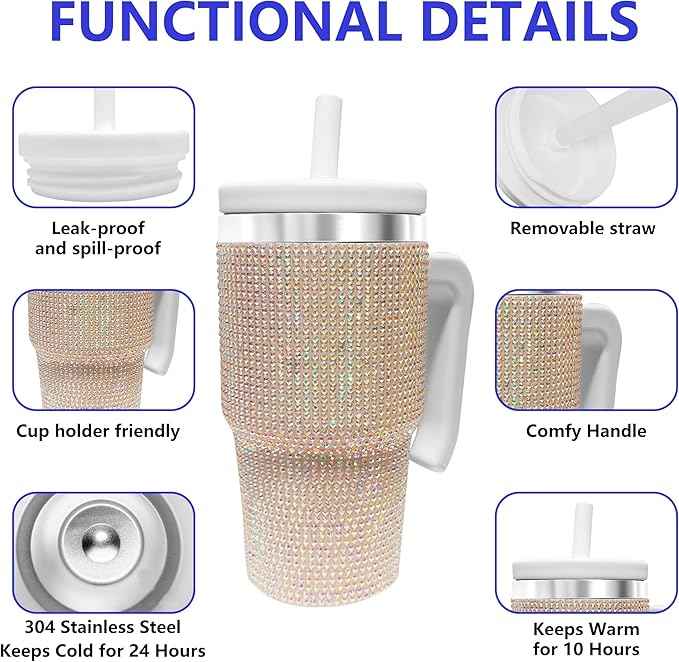 2PCS 20-OZ Insulated Water Bottle,Insulated Stainless Steel Tumbler,Reusable Cold Drink Thermos,BPA-Free, Double-Wall Stainless Steel Water Bottle (White-Diamonds, 20, Fluid Ounces)