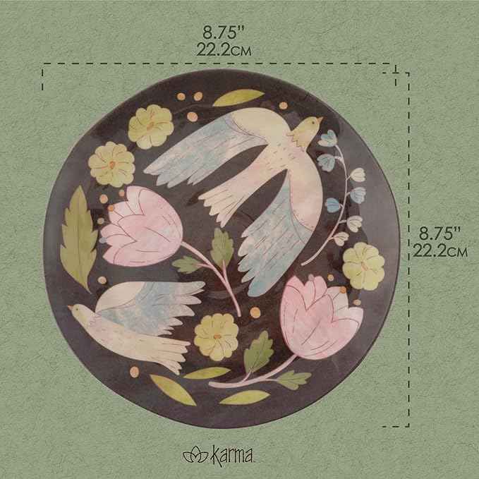 Karma, 8.75 inches Melamine Salad Plates Set of 4, Reusable Dishwasher Safe Plates for Outdoor and Indoor, Folklore Birds