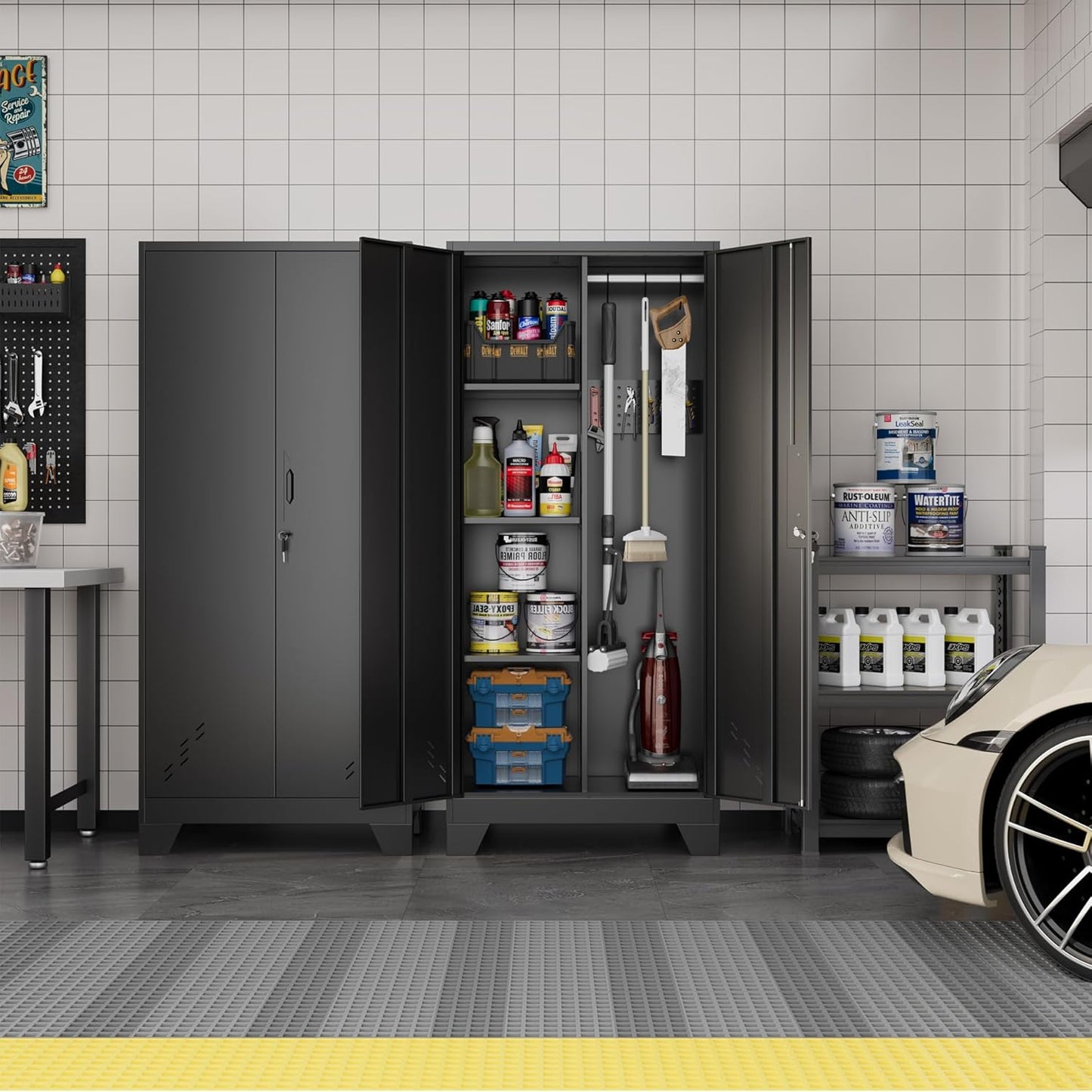 Metal Storage Cabinet with Locking Doors, 61" Tall Garage with Hanging Rod, Broom Closet, Freestanding Bathroom Storage Cabinet, Cleaning Tool,Black - Lumora Casa