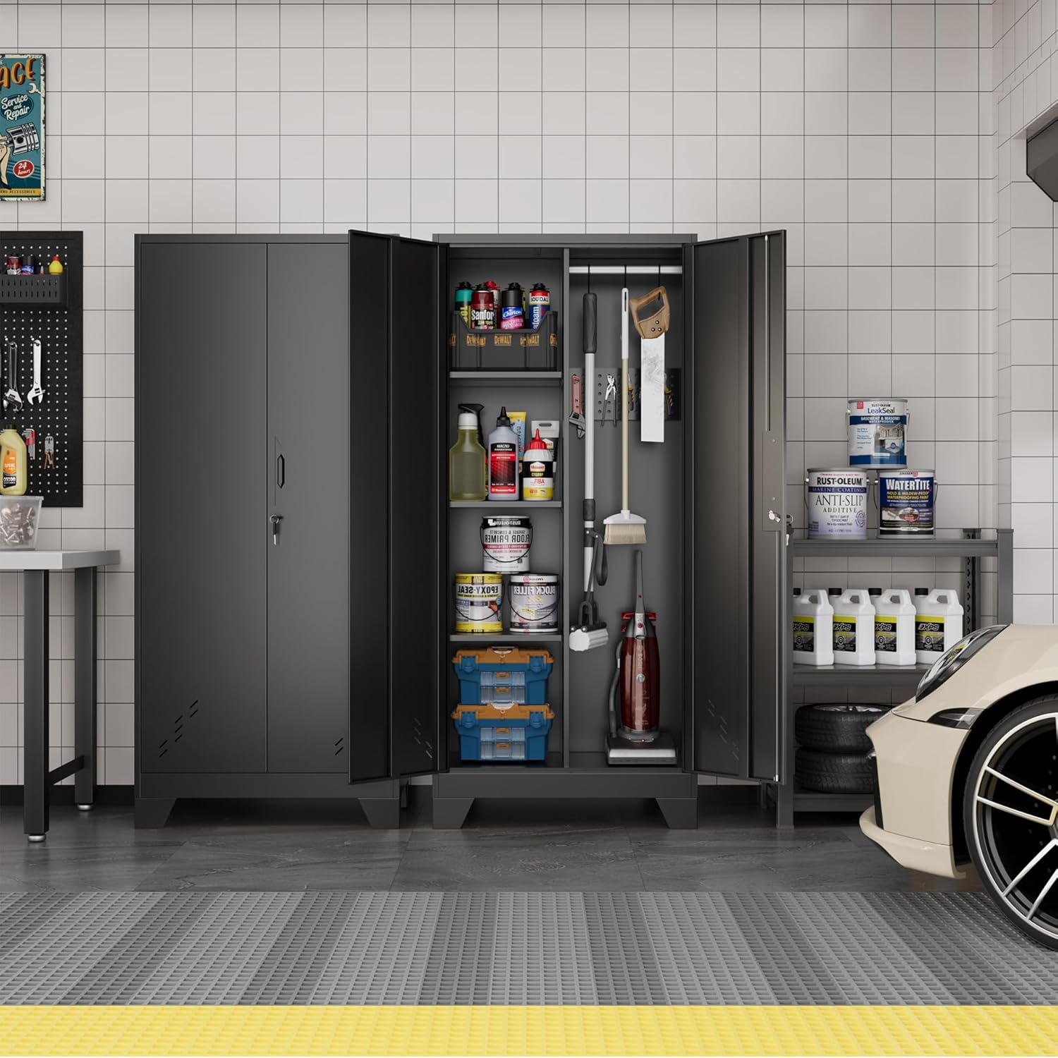 Metal Storage Cabinet with Locking Doors, 61" Tall Garage with Hanging Rod, Broom Closet, Freestanding Bathroom Storage Cabinet, Cleaning Tool,Black - Lumora Casa
