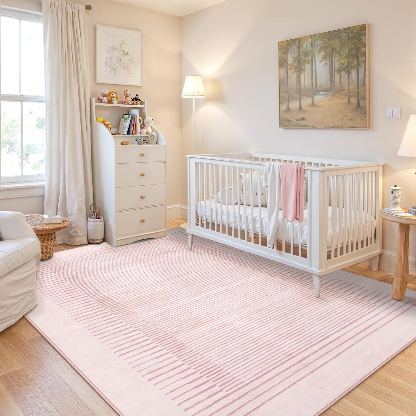 Wonnitar Washable Pink Striped Rug for Bedroom 8x10, Non-Slip Living Room Area Rug, Minimalist Berber Stripe Area Rug, Soft Floor Carpet for Nursery Playroom Closet (Pink, 8' x 10')