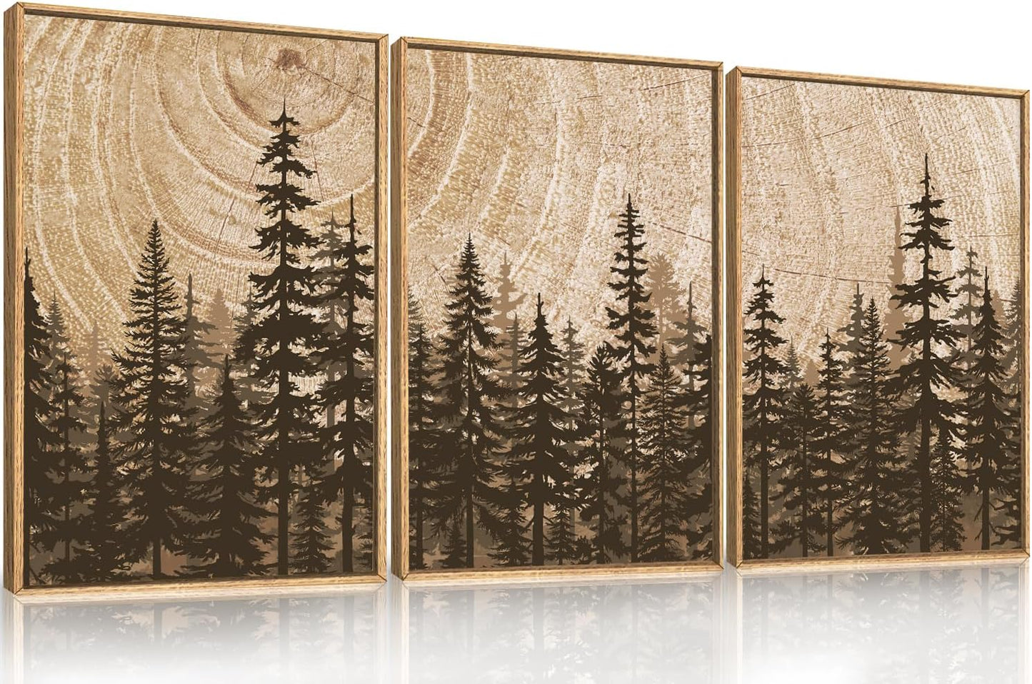 Pine Tree Framed Canvas Wall Art Set, Natural Woodland Landscape Wall Decor, Large Retro Forest Painting, Vintage Brown Artwork for Living Room, Bedroom, Kitchen, Study, Office - 16"x24"x3