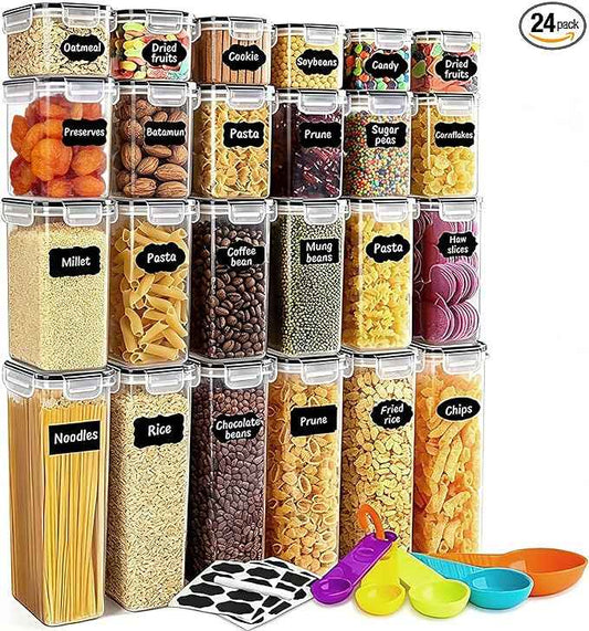 24 Pack Airtight Food Storage Containers with Lids, Plastic Kitchen and Organization Canisters for Cereal, Flour and Sugar, BPA Free, Includes Spoons, Labels and a Pen