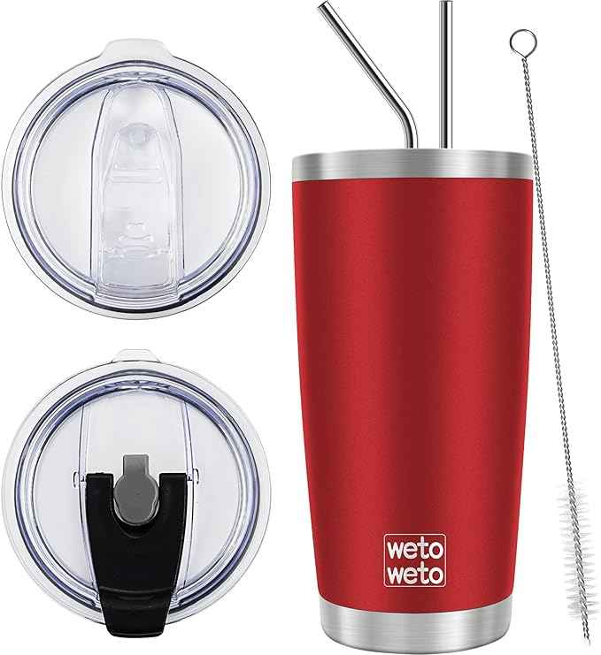 WETOWETO 20oz Tumbler with 2 lids and 2 straws, Stainless Steel Vacuum Insulated Water Coffee Tumbler Cup, Double Wall Powder Coated Leak-proof Travel Mug (Red, 1 Pack)