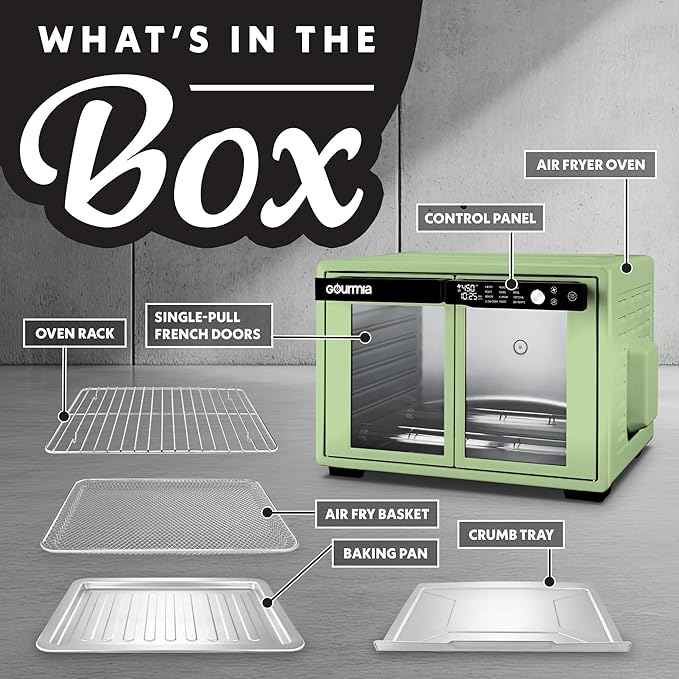Gourmia French Door Air Fryer Oven - 37 Qt Large Capacity Convection Toaster Oven, FryForce 360°, Digital Display, 12 Cooking Presets, Dehydrate, Fits 13” Pizza, Dishwasher-Safe, Green