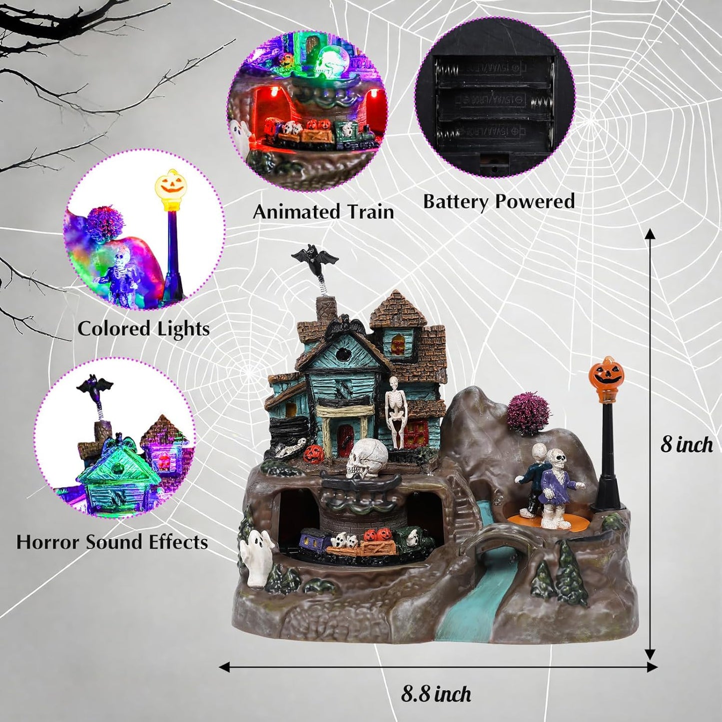 DREAM GARDEN Halloween Village Collection, Lighted Spooky Haunted House with Animated Train and Scary Sound Halloween Collectible Bulidings with Skull, Pumpkin, Ghost for Holiday Party Tabletop Decor