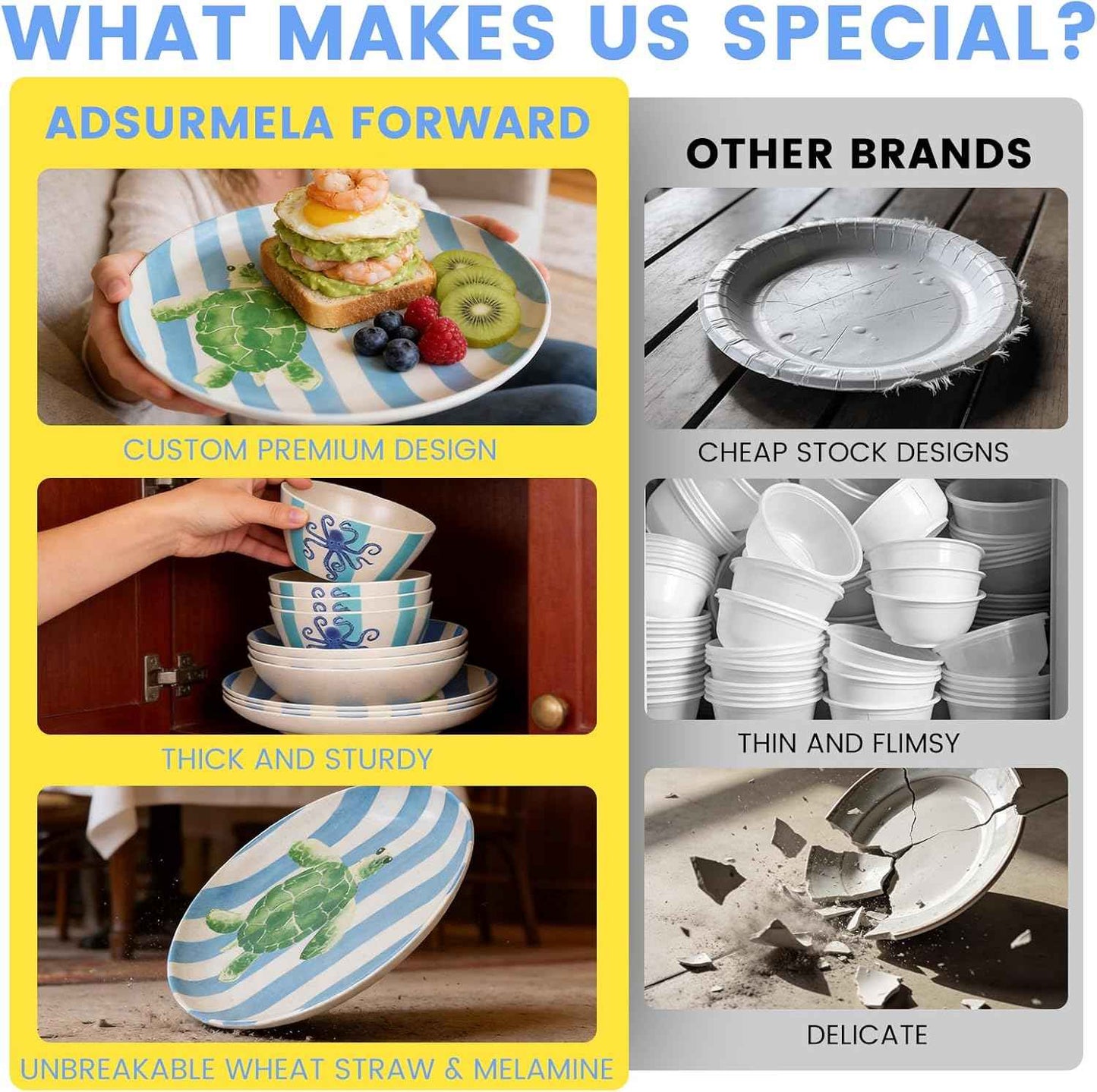 Unbreakable Dinnerware Set for 4 Blue Stripe Lobster Crab 12 Piece Melamine Wheat Straw BPA Free Lightweight Dishwasher Safe Shatter Resistant for Camping Outdoor RV Party