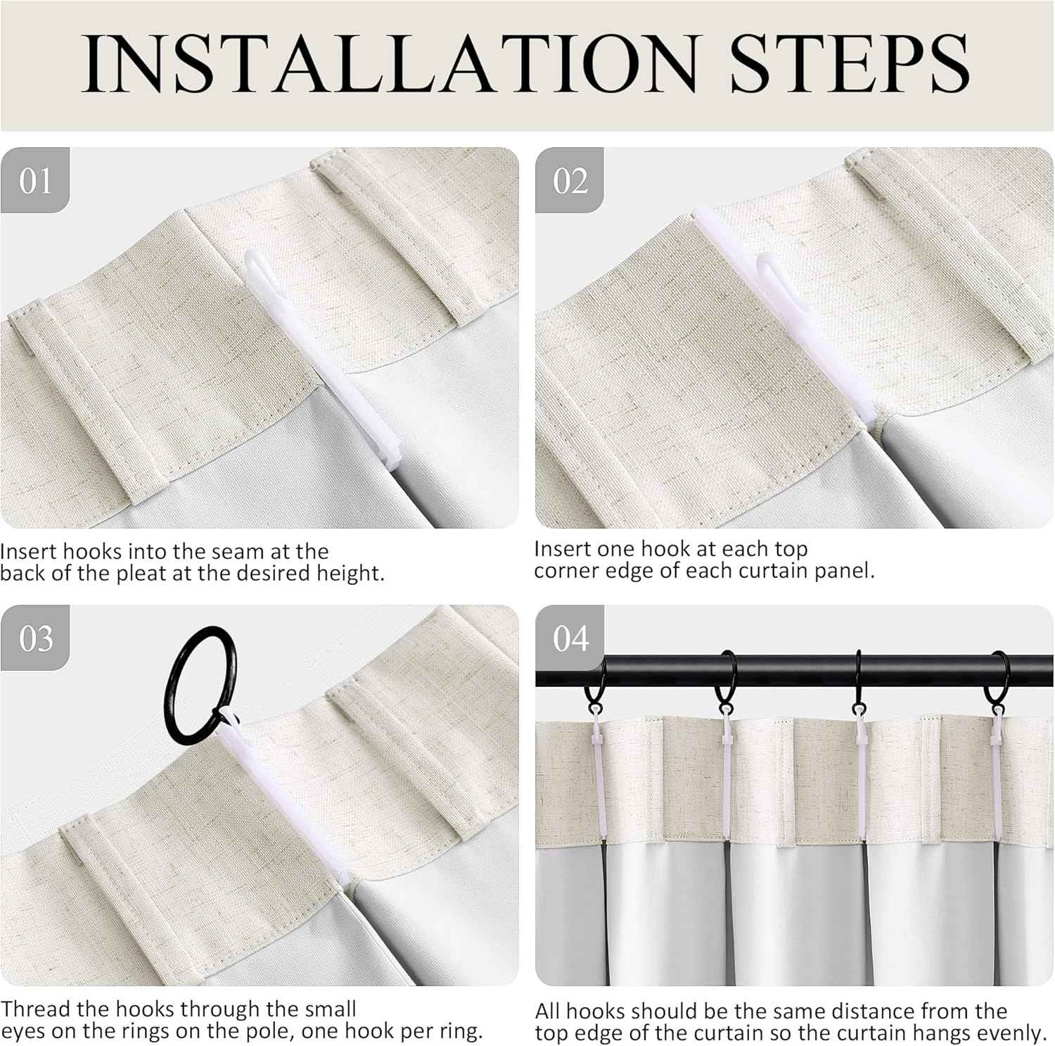 100% Blackout Extra Long Linen Pinch Pleated Curtains 9 Ft Natural Cream Drapes Room Darkening Thermal Insulated with Back Tab, Boho Ceiling to Floor Curtain for Bedroom 2 Panels 108 Inches Long