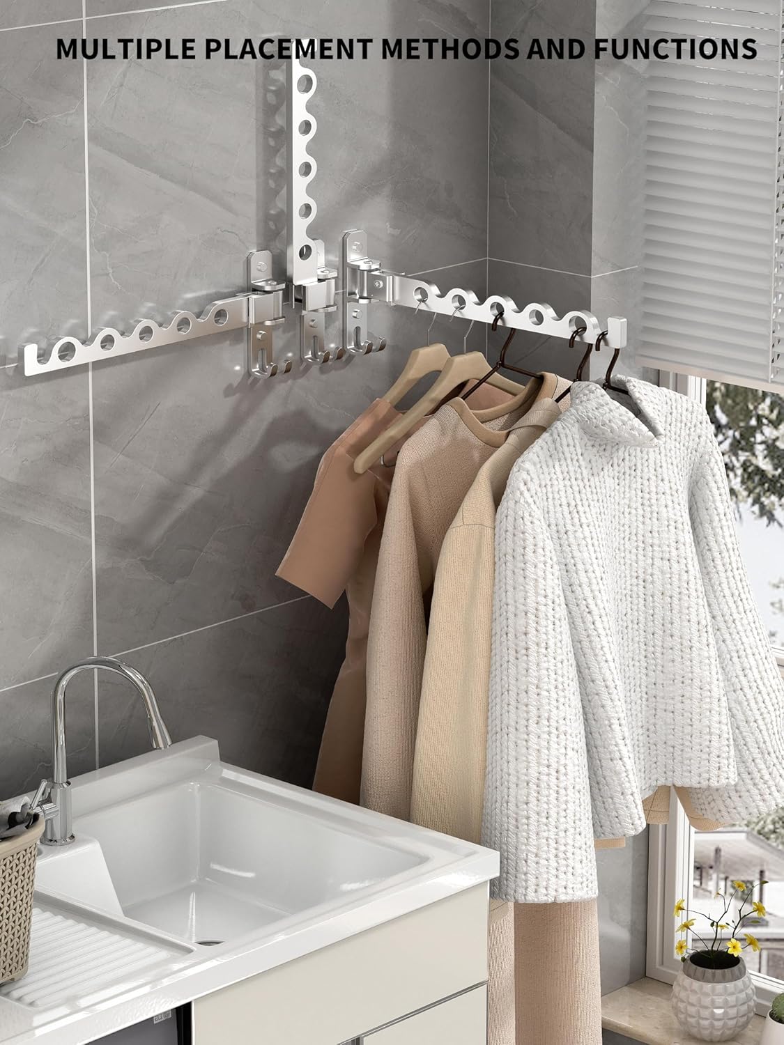 Dr.DJ Wall Hanger for Clothes, Coat Hanger Wall Mounted Silver Retractable Clothes Drying Organizer Rack Garment Hooks Aluminium Folding Indoor Space Save (2 Racks) Silver - Lumora Casa
