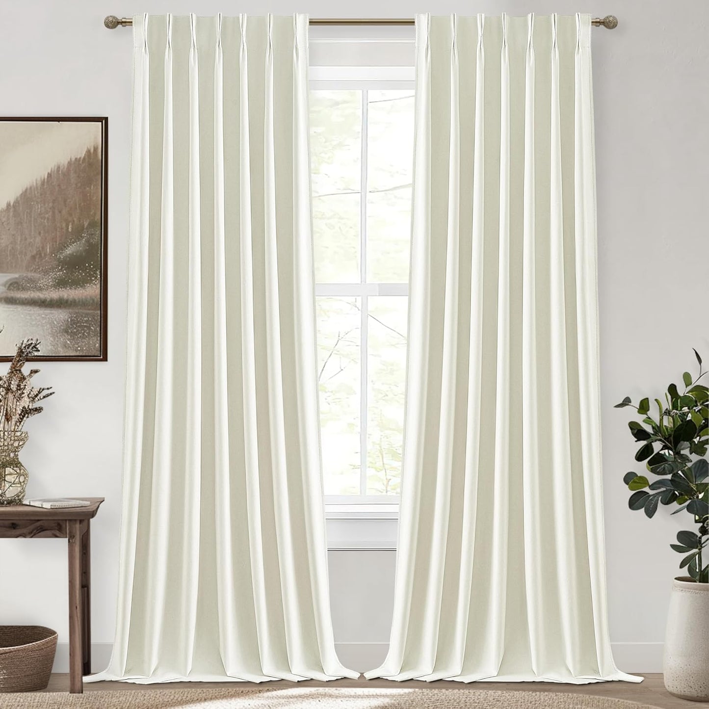 Ivory White Pinch Pleated Complete Blackout Curtains & Drapes 108 Inches Long 2 Panels Set, Flax Linen Room Darkening Soundproof Window Curtains with Hooks Rings for Bedroom Living Room Track System