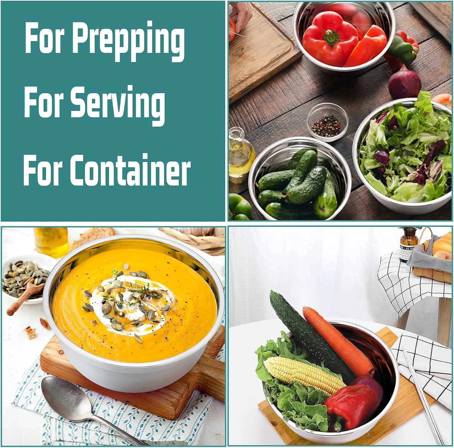 P&P CHEF Mixing Bowls With Lids, Set of 6, Stainless Steel Nesting Mixing Bowls & Fitting Lids & Non-Slip Silicone Bottom, Ideal for Mixing, Storing, Size 0.7/1/1.5/2.5/3/4.6 Qt, Multicolor