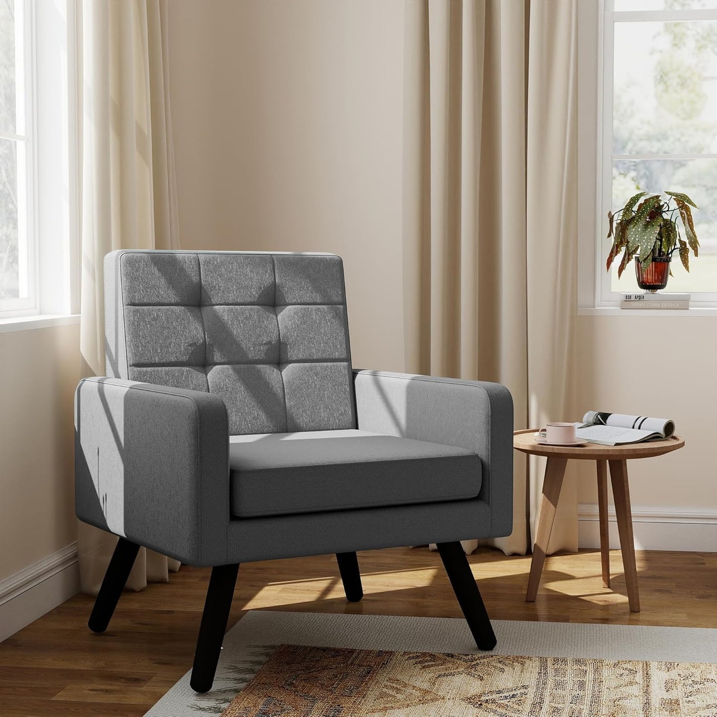 Kromax Mid-Century Modern Accent Chair for Living Room, 496 Lb. Weight Capacity, Dual Armrests, Comfy Extra Large Seat, Timeless Style Perfect for Reading & Relaxing, Light Grey