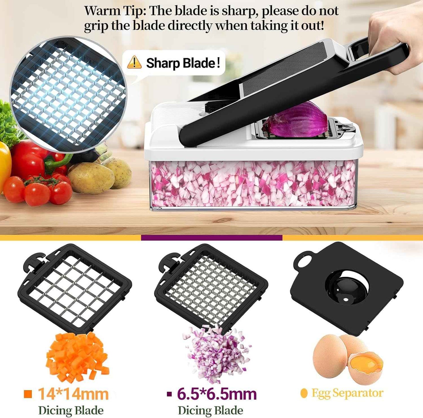 StoreHappily 12-in-1 Vegetable Chopper, 7 Blades Veggie Chopper with Container and Lid, Dicer, Slicer, Multifunctional Kitchen Gadgets, Vegetable Cutter with Handle, Onion Cutter(Black/White)