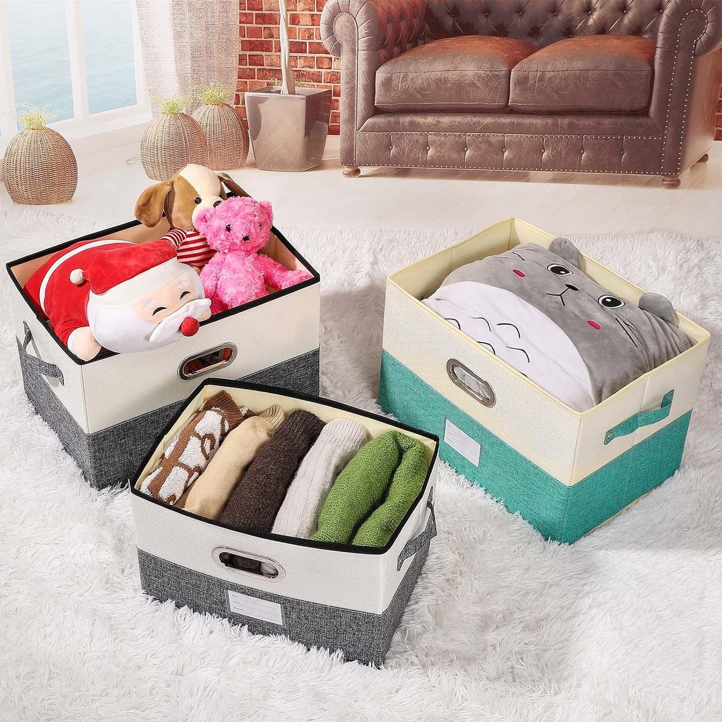 Large Linen Fabric Foldable Storage Bins with Removable Lid and Handles, Washable Storage Box Organizer Containers Baskets Cube with Cover for Bedroom,Closet,Office (Black&White, Medium)