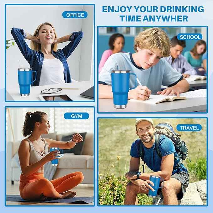 30 oz Tumbler with Handle, Stainless Steel Insulated Tumbler with Lid and Straw, Double Wall Vacuum Coffee Mug Tumbler, Insulated Coffee Thermal Cup for Cold and Hot (Sea Blue)