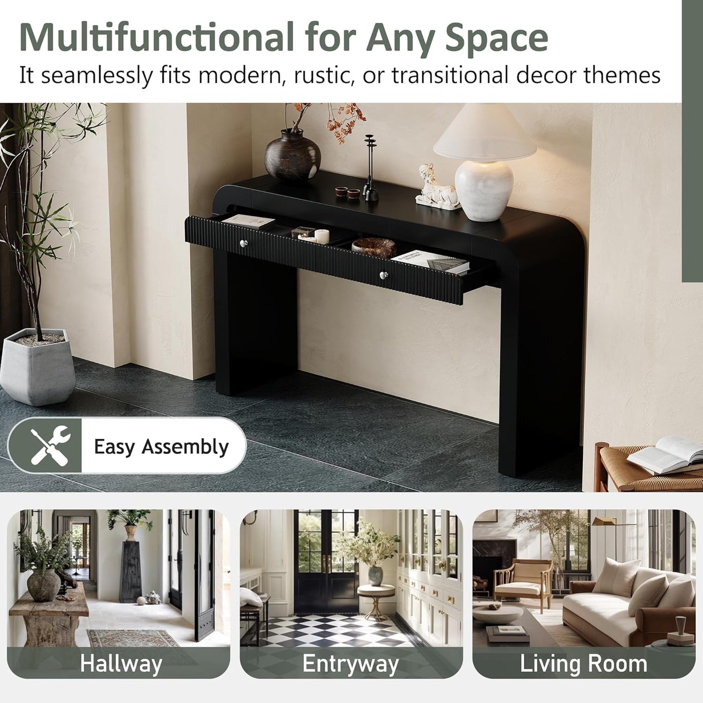 Farmhouse Modern Curved Console Table 54.3-Inch Sofa Entry Table Fluted Accent Tables with Storage Drawers for Living Room Entryway Hallway Furniture, Black