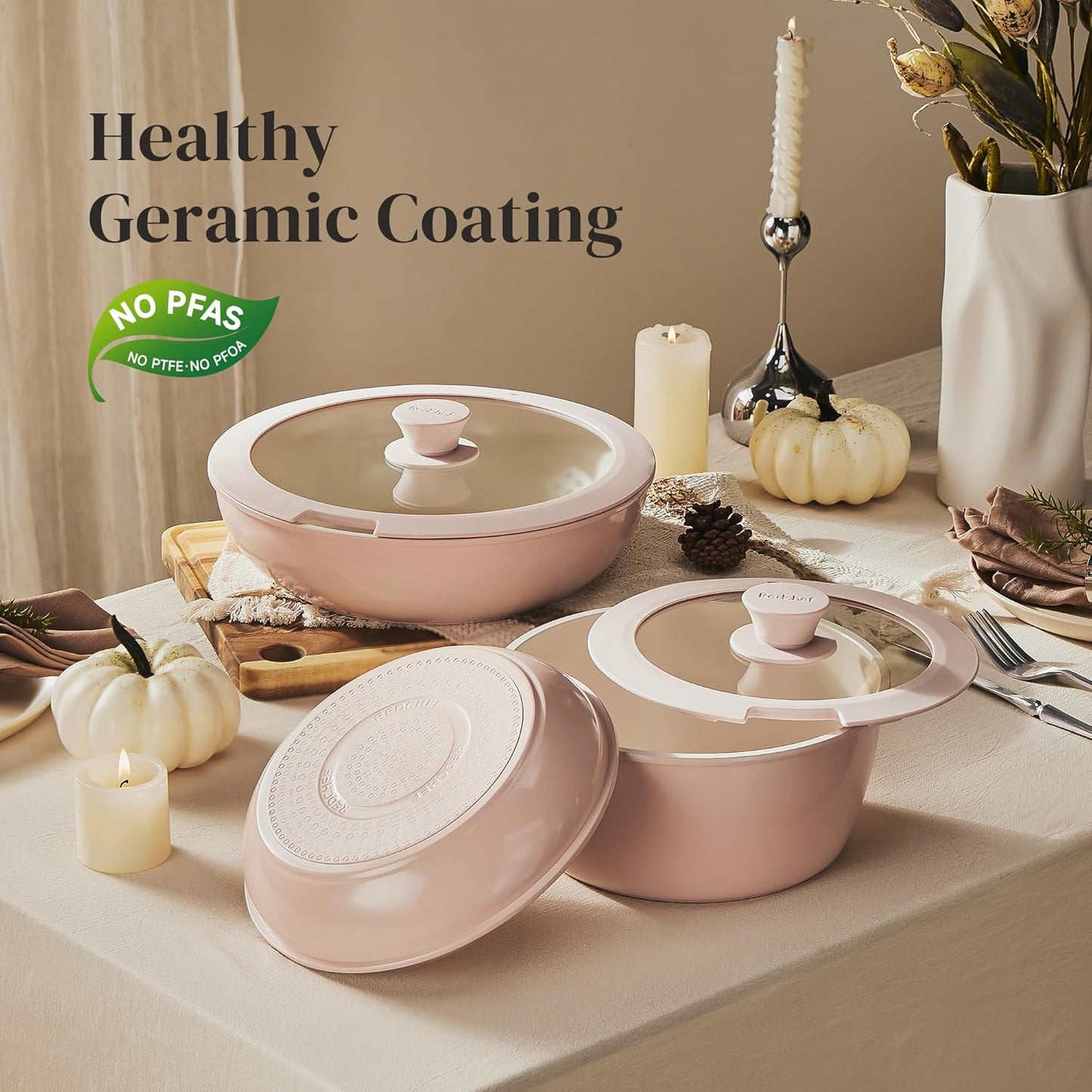 Redchef Ceramic Cookware Set, Removable Handle Pots and Pans Non-Stick, Rv Cookware Set, Non-Toxic Pots and Pans Set No PFAS, PTFE, PFOA, Detachable Pots and Pans, Dishwasher & Oven Safe (Pink)