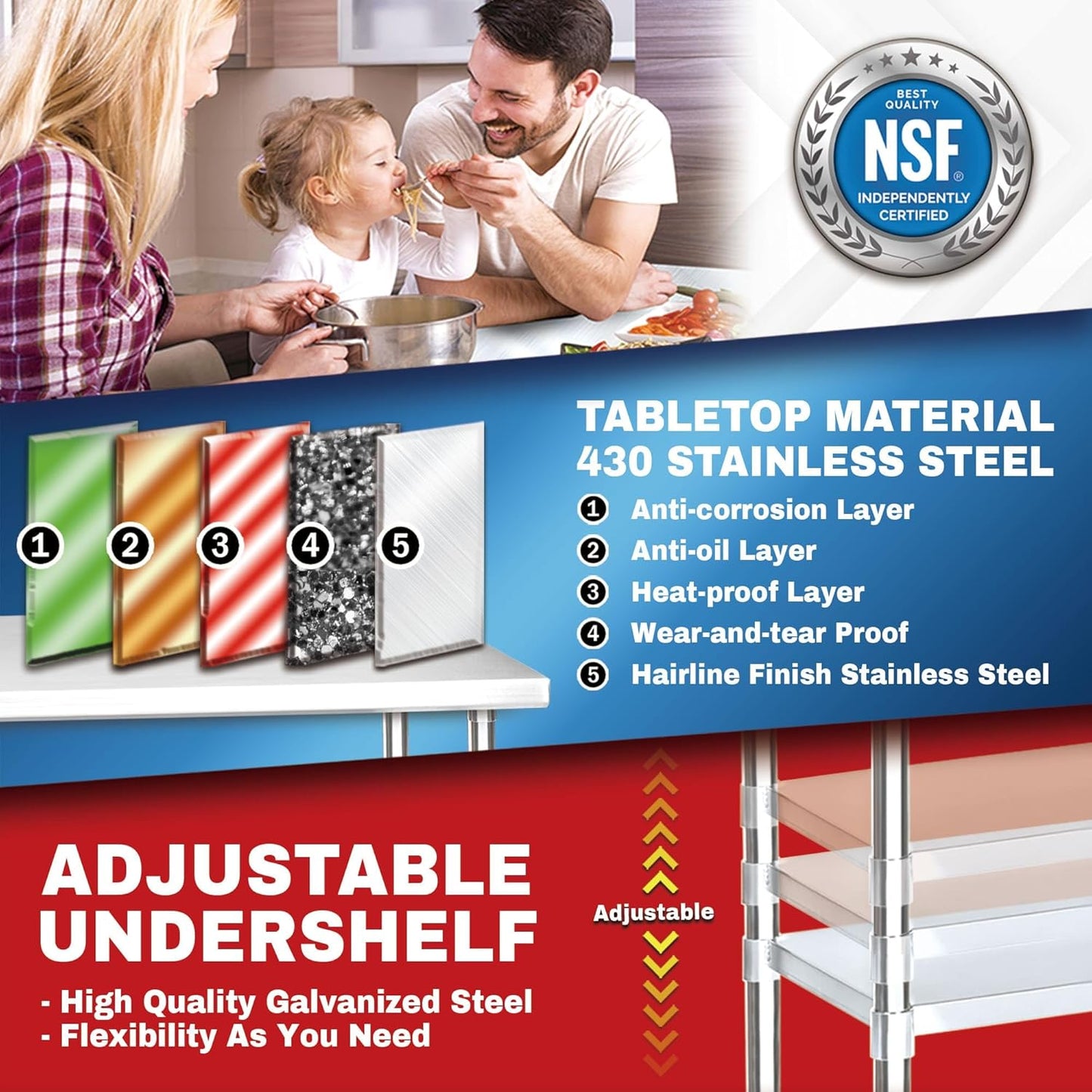 DuraSteel Food Prep Stainless Steel Table - 24 x 18 Inch Commercial Metal Workbench with Adjustable Under Shelf - NSF Certified - for Restaurant, Warehouse, Home, Kitchen, Garage