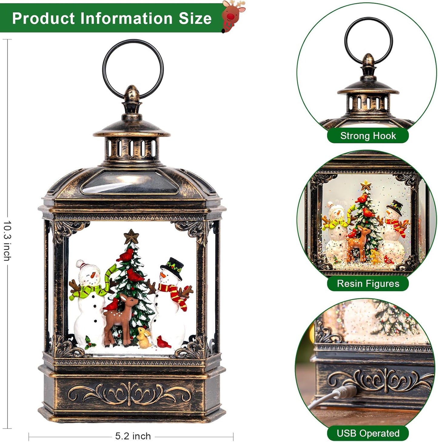 Christmas Snow Globes Lantern Christmas Snow Globe with Music Snowman and Christmas Tree,6H Timer,USB Lined/Battery Operated Lighted Lantern for Christmas Festival Decoration Gifts