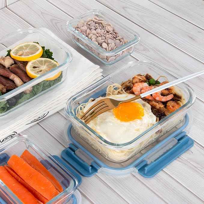 UMEIED 12 PACK Glass Food Storage Containers with Leak Proof Lids, Glass Airtight Meal Prep Containers Set for Lunch, On the Go, Leftover, Kitchen Pantry Organizers and Storage (Grey Blue)