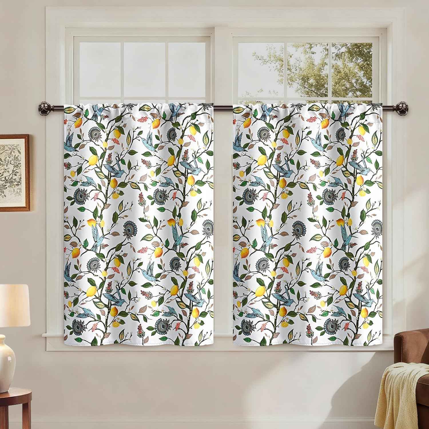 FRAMICS White Blackout Kitchen Curtains 36 Inch Length Birds Floral Bathroom Curtains Rod Pocket Lemon Short Curtain for Windows Cafe Basement Living Room Cabinet, 2 Panels