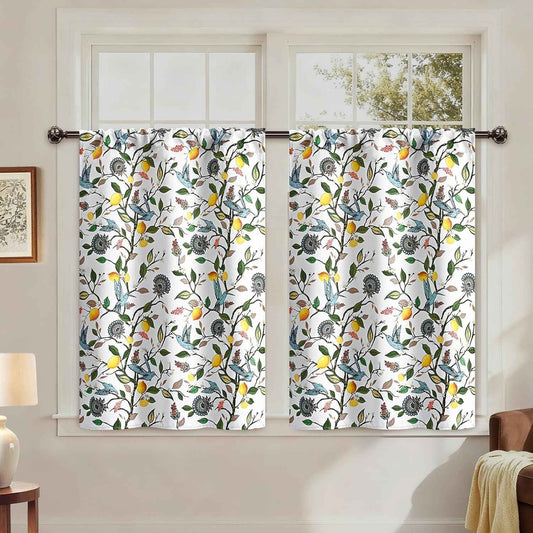 FRAMICS White Blackout Kitchen Curtains 36 Inch Length Birds Floral Bathroom Curtains Rod Pocket Lemon Short Curtain for Windows Cafe Basement Living Room Cabinet, 2 Panels