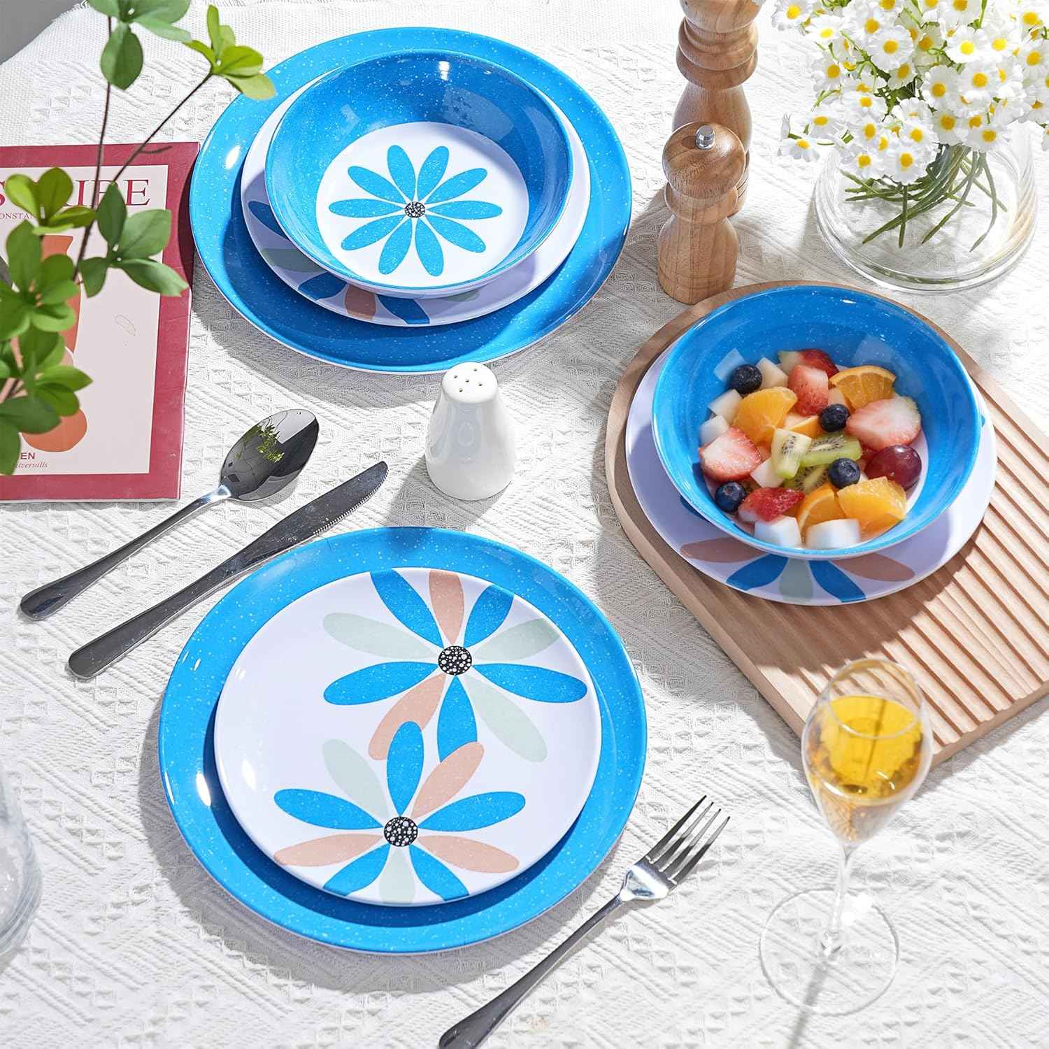 Outdoor Melamine Dinnerware Set 12 Pieces, Spring Party Blue Flowers Unbreakable Plates & Bowls, Dishwasher Safe Lightweight for Picnic Pool Party Camping