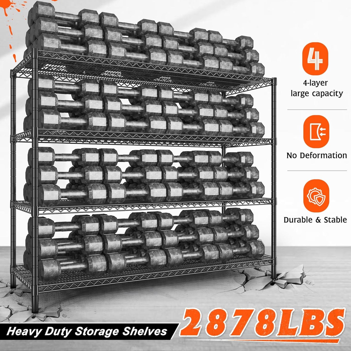 REIBII 60" W ×24" D×65.3" H, 4 Tier Wire Shelving 2878LBS Heavy Duty Steel Storage Rack Shelving Adjustable Shelves for Warehouses, Garages, Kitchens, and Commercial Spaces/Premium Wheels 2 Pack