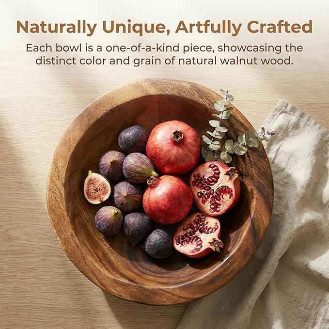 ZENFUN Wooden Decorative Bowl, Wood Round Serving Bowl, Walnut Tray Dish Kitchen Dining for Fruits, 9.4" Diameter x 2.5" Height, Seamless