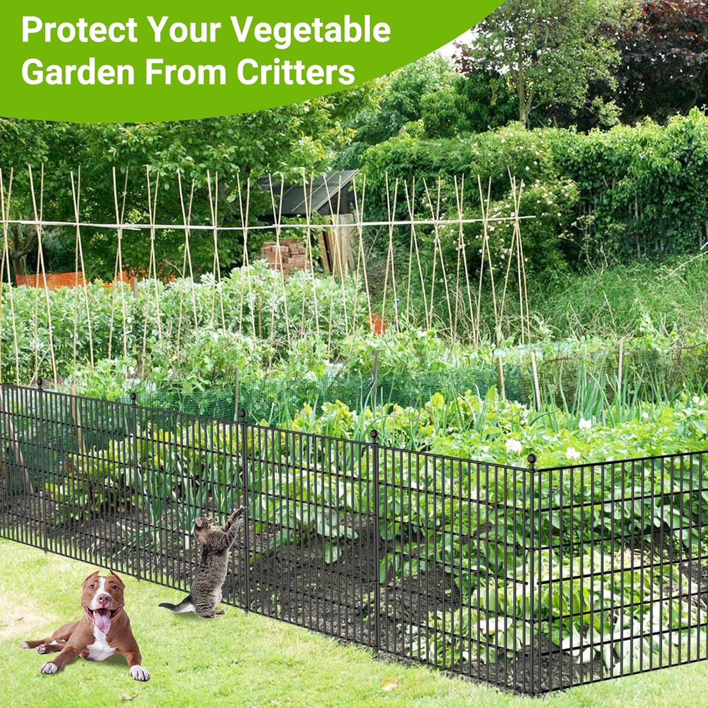 5 Panels No Dig Decorative Outdoor Garden Fence with Gate for Yard, 40 in(H) X 11.8 ft(L) Animal Barrier Fencing Rustproof Metal Wire Panel Border for Dog, Rabbits, and Patio Temporary Ground Stakes