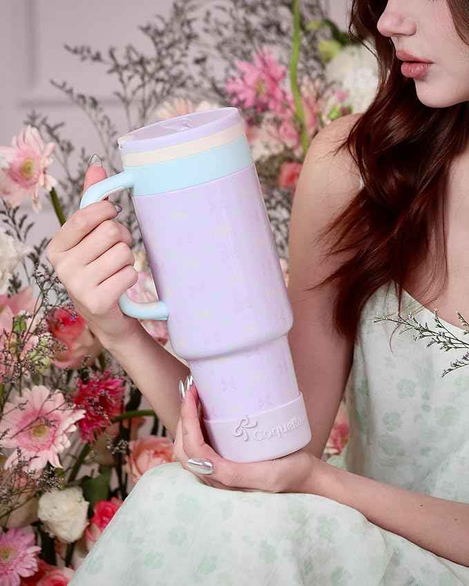 40 oz Insulated Tumbler with Handle and Push-Button Straw Lid, Stainless Steel Travel Cup for Gym Office, Leakproof, BPA-Free, Cup Holder Friendly, Bow Silicone Boot, Purple (Bow Lilac)