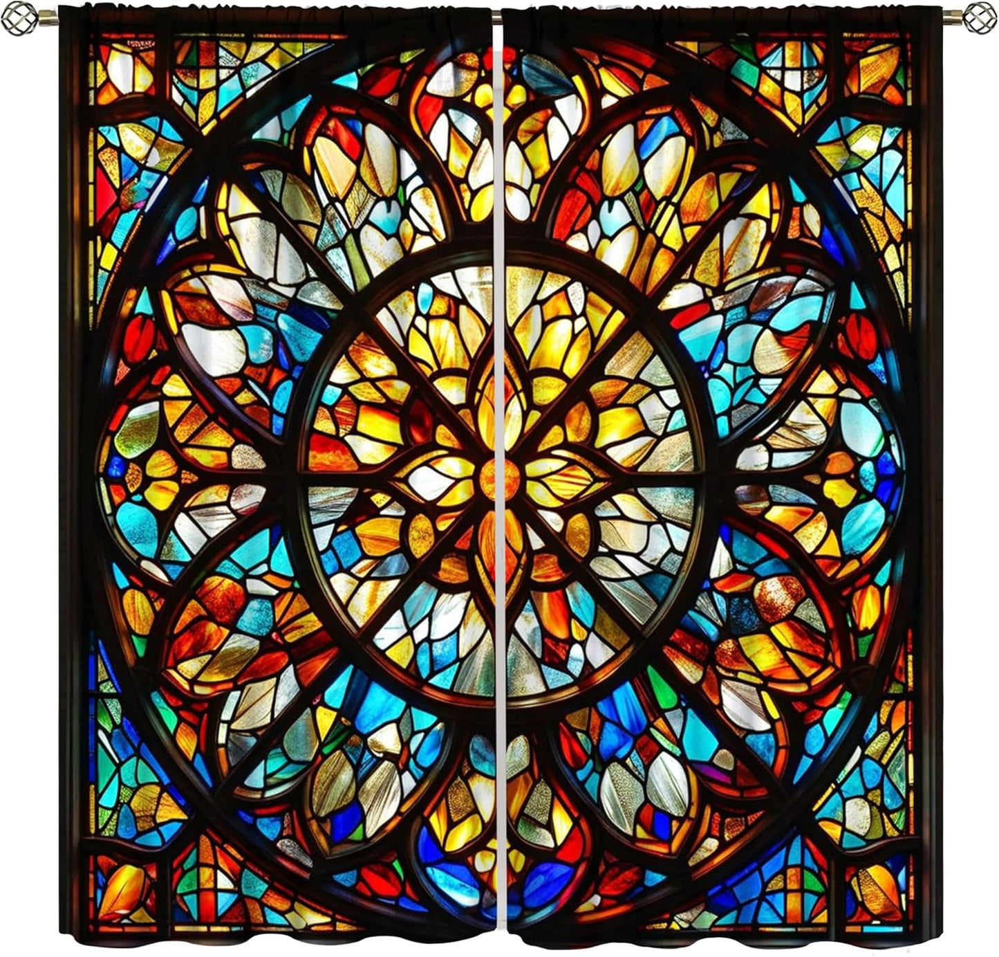 Stained Glass Curtains,Retro Mid Century Abstract Colorful Geometric Prints Home Decor Drapes for Bedroom Living Room Kitchen Window Treatment 2 Panels Set Total Size 63" W X 63" L Inch