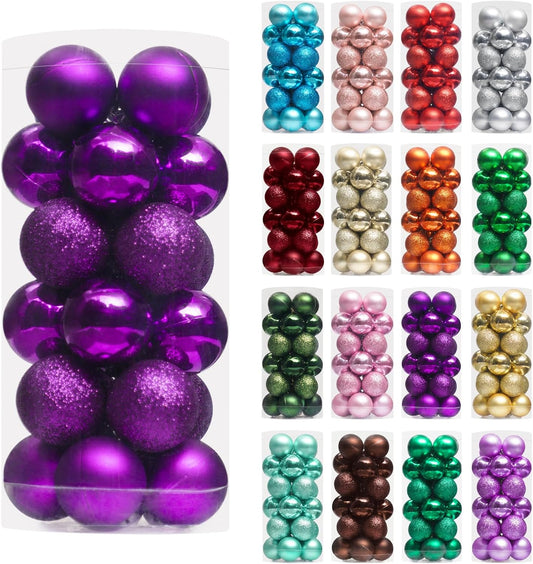 XmasExp 24ct Mini Christmas Ball Ornaments Shatterproof Christmas Ornaments Set Decorations for Xmas Tree Balls 30mm/1.18" (Purple)