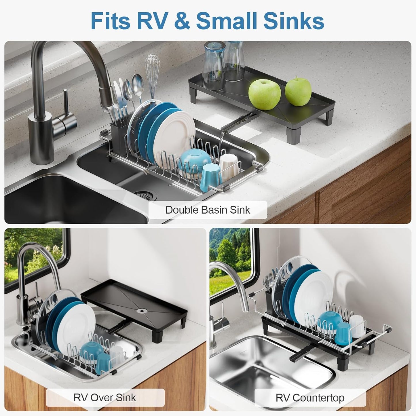 GSlife Small Dish Drying Rack for Counter, Stainless Steel Expandable Dish Drainer with Drain Board and 360° Swivel Spout, Compact for RV, Camper or Over Sink Use, 1-2 People, Narrow 6.5" W, Silver