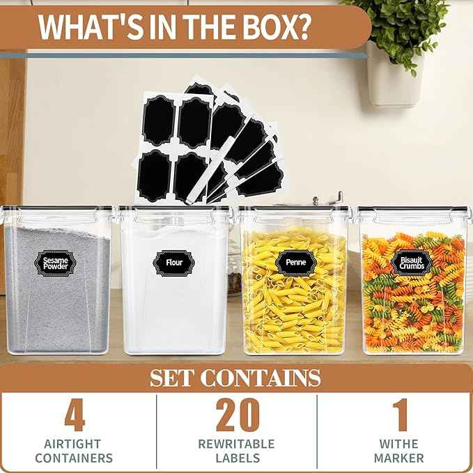 PRAKI Large Airtight Food Storage Containers 5.2L / 195oz, 4pcs Pantry Kitchen Organizers and Storage for Flour, Sugar, Baking Supplies, BPA Free, Plastic Flour Containers with 20 Labels & Maker