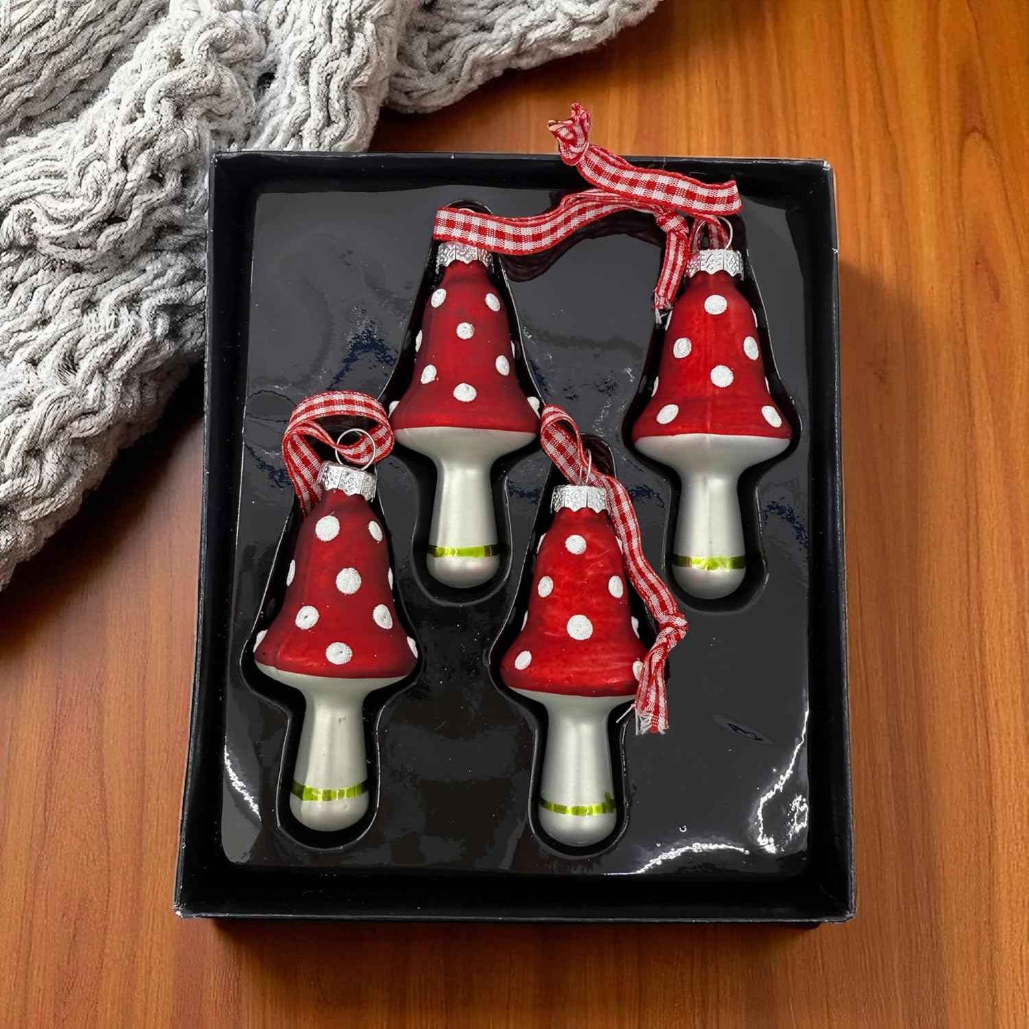Mushroom Ornaments - Blown Glass Set of 4 Christmas Tree Decor Festive Holiday Decorations, 3 inch