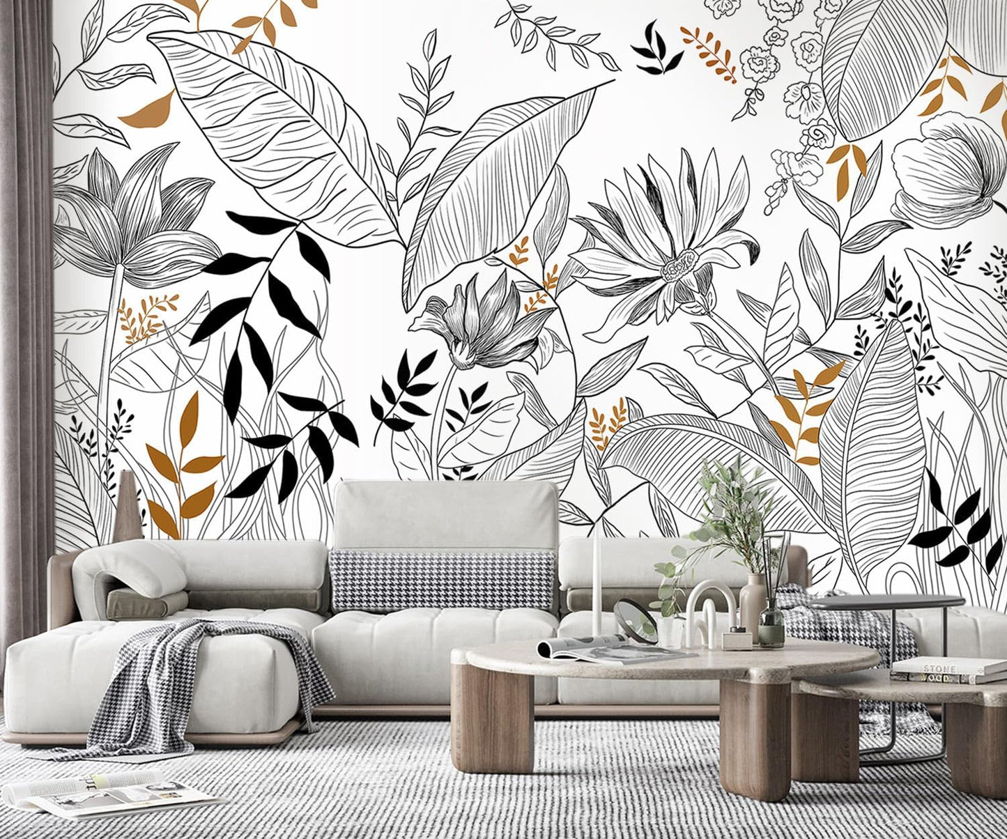 -Hand-Painted Flower Plant Fabric Wallpaper Simple Art Living Room 100" x 65" (Not Peel and Stick)