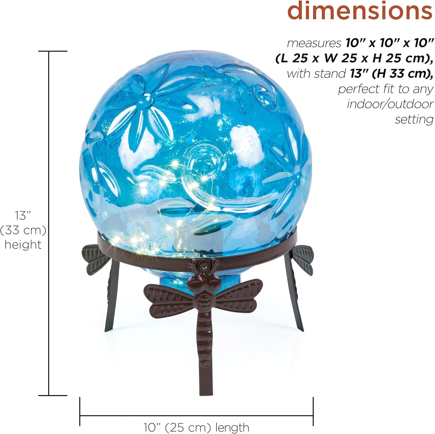 Alpine Corporation 13" Tall Indoor/Outdoor Pearlized Blue Glass LED Gazing Globe with Stand