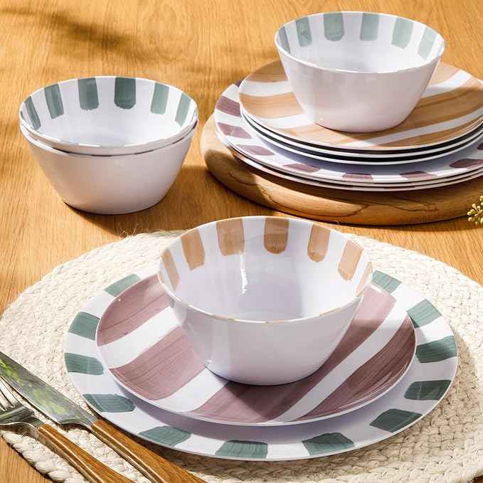 Gibson Home Cottage Stripes 12-Piece Melamine Plates and Bowls Dinnerware Set - Outdoor, Camping, & Everyday Use - Assorted Colors