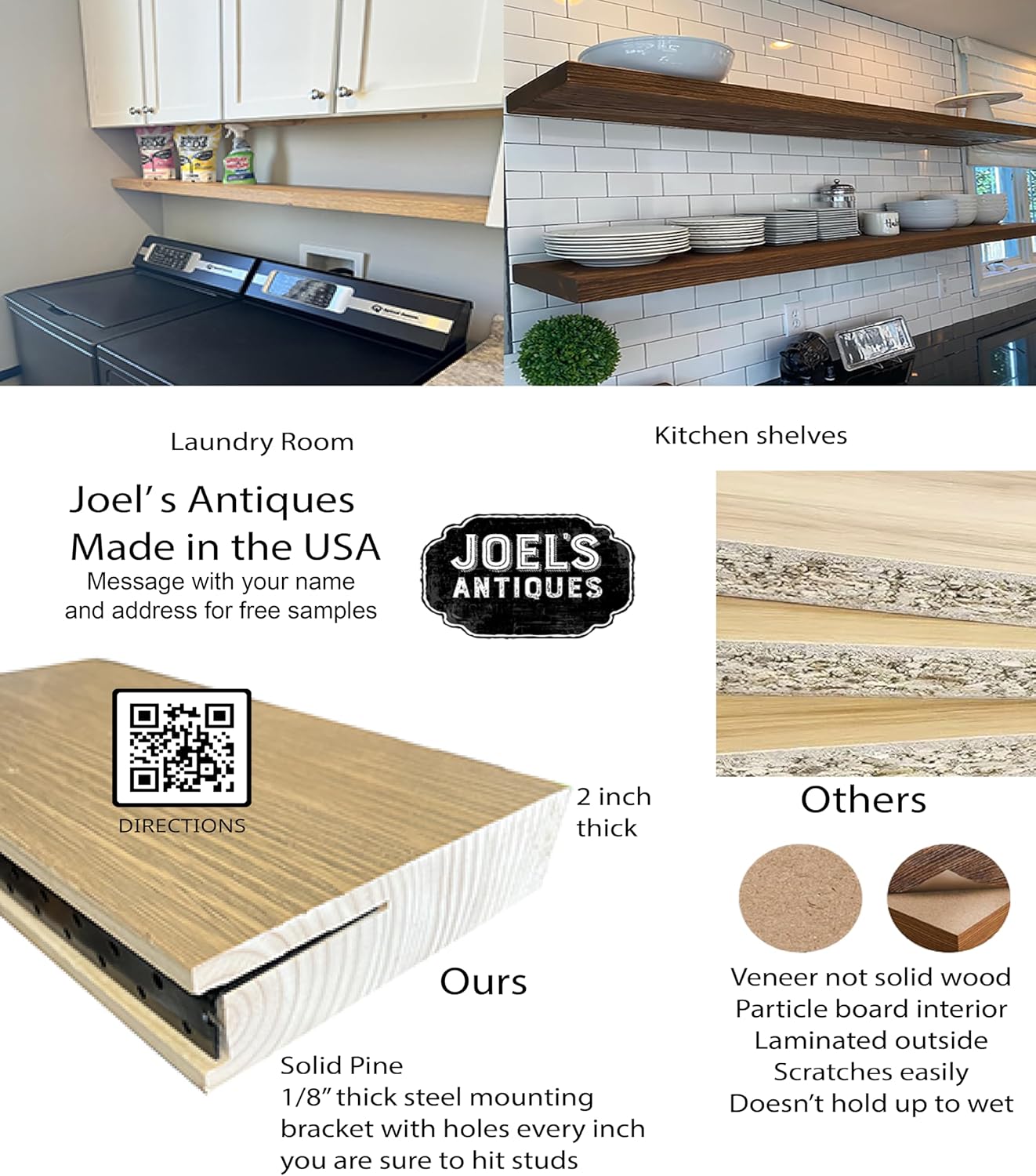 Joel's Antiques 48 Inch Wooden Floating Shelves for Wall - 48x12x2 in - Made of Natural Wood - Long Heavy Duty Rustic Wall Shelves for Bedroom - Perfect for Living Room, Kitchen - Mocha