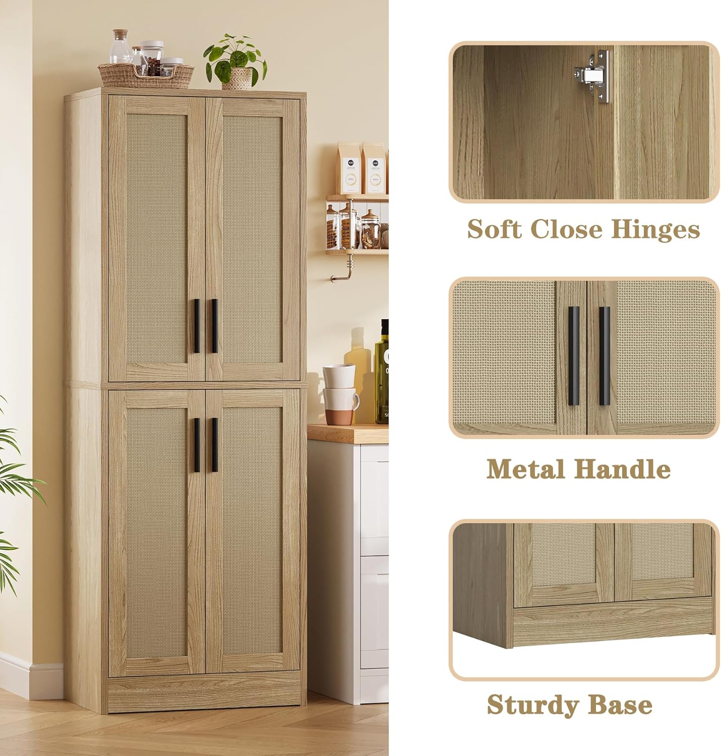 Pantry - Kitchen Pantry Cabinet, Tall Storage Rattan Cabinet with 4 Doors and Adjustable Shelves, Linen Closet Freestanding Cupboard for Dining Room Living Room, Laundry, Bathroom