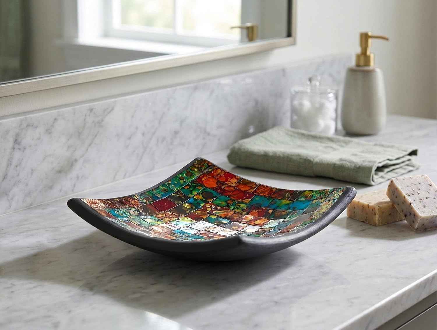 Red Co. Glass Mosaic Ceramic Catch-All Tray, Decorative Accent and Centerpiece Plate - Squared 8 inches